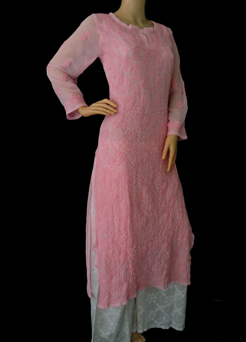 ISHIEQA's Pink Georgette Chikankari Kurti- DC1301C