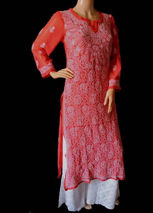 ISHIEQA's Coral Georgette Chikankari Kurti-MV0701D