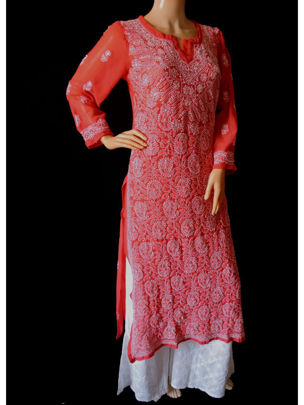 ISHIEQA's Coral Georgette Chikankari Kurti-MV0701D