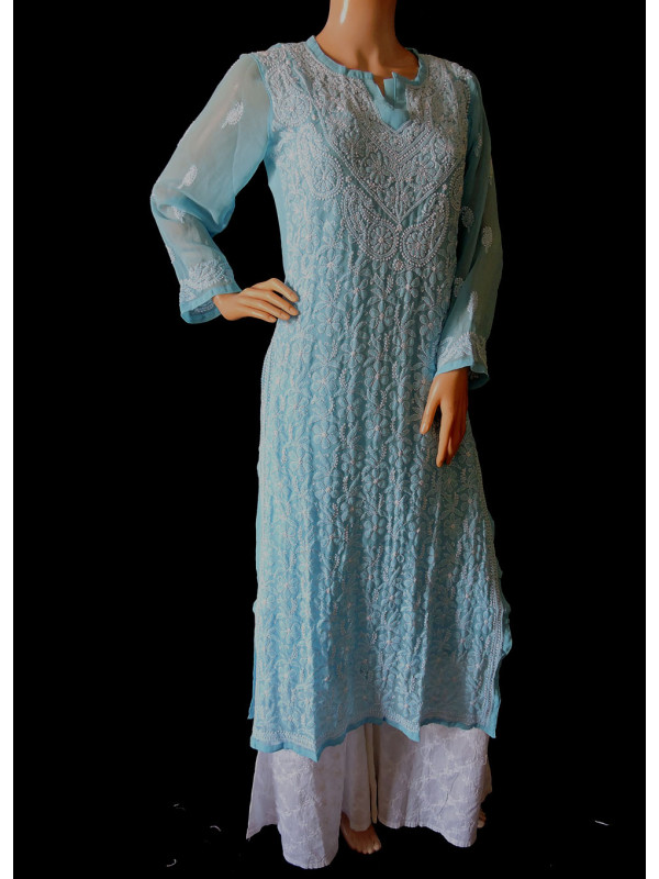 ISHIEQA's Blue Georgette Chikankari Kurti-MV0701D