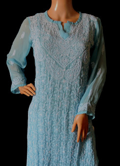ISHIEQA's Blue Georgette Chikankari Kurti-MV0701D