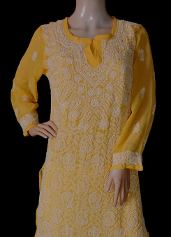 ISHIEQA's Yellow Georgette Chikankari Kurti-MV0701D