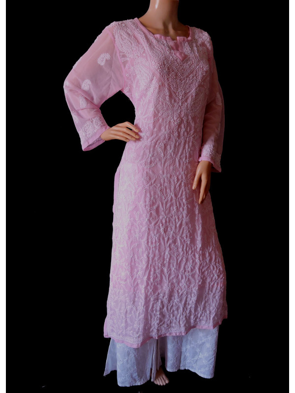 ISHIEQA's Pink Georgette Chikankari Kurti-MV0701D