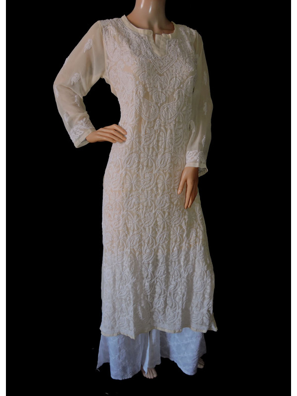 ISHIEQA's Beige Georgette Chikankari Kurti-MV0701D