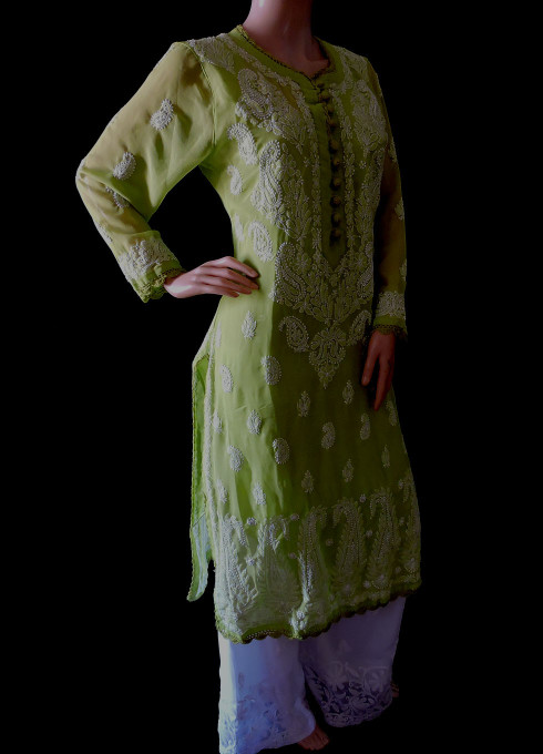 ISHIEQA's Green Georgette Chikankari Kurti  - MV0107D