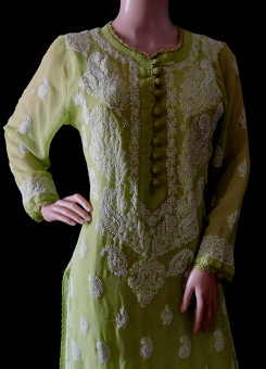 ISHIEQA's Green Georgette Chikankari Kurti  - MV0107D