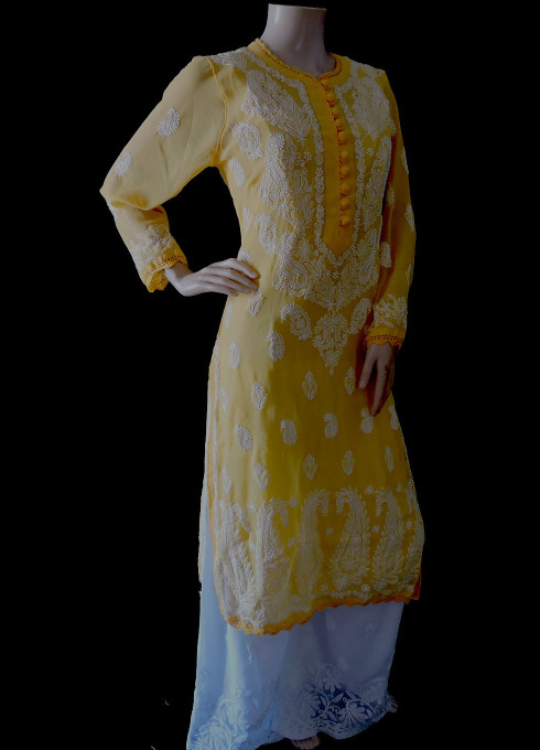 ISHIEQA's Yellow Georgette Chikankari Kurti  - MV0107D