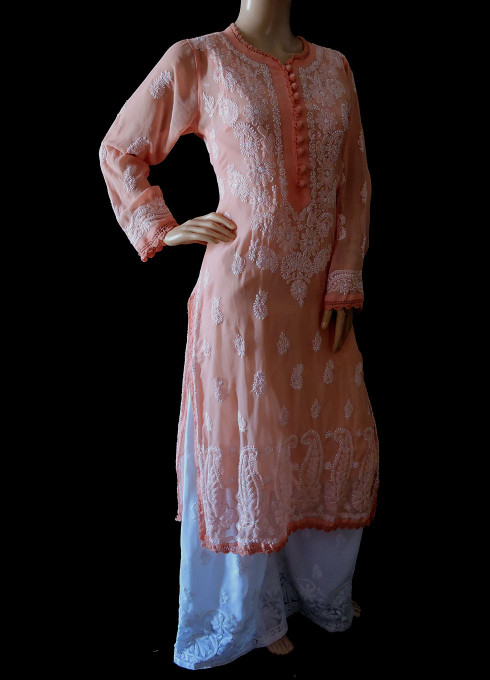 ISHIEQA's Peach Georgette Chikankari Kurti  - MV0107D