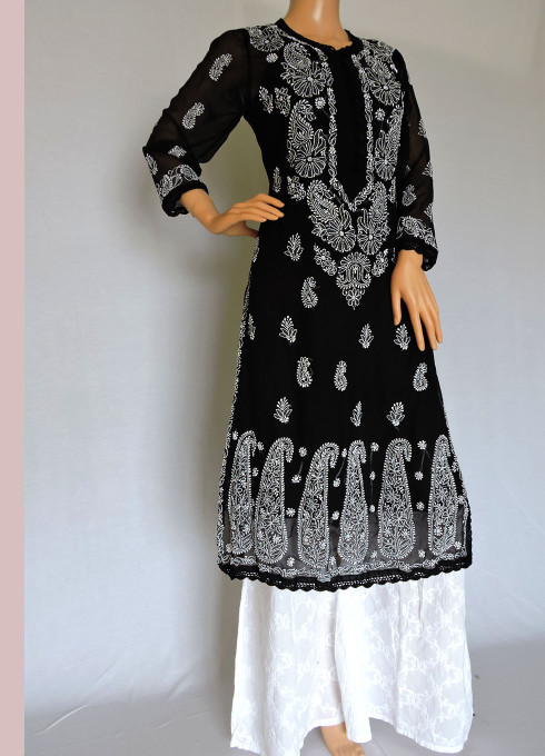 ISHIEQA's Black Georgette Chikankari Kurti  - MV0107D