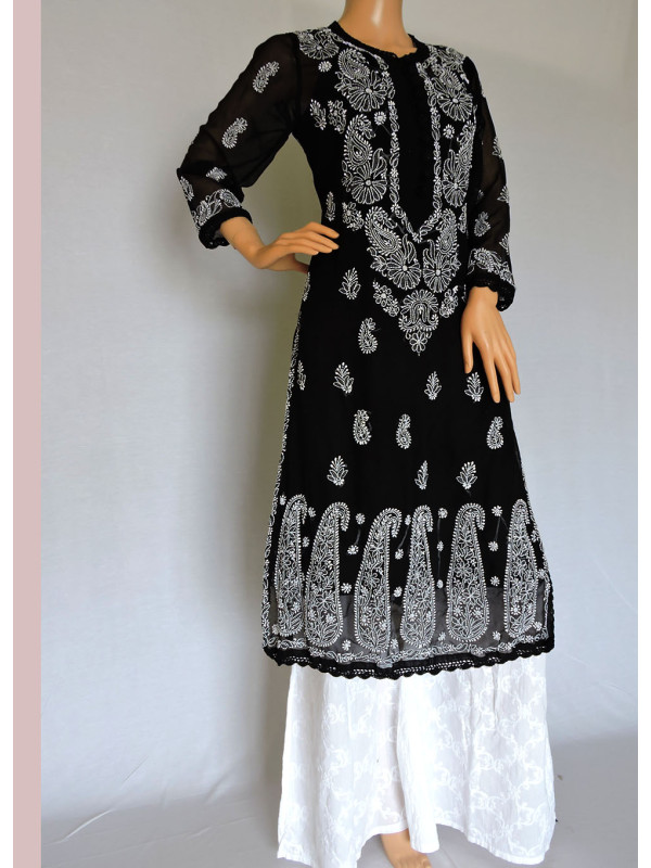 ISHIEQA's Black Georgette Chikankari Kurti  - MV0107D