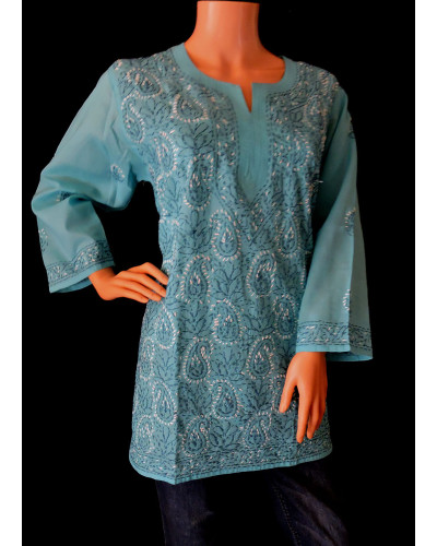 ISHIEQA's Blue Voil Cotton Chikankari Top - AN0102B