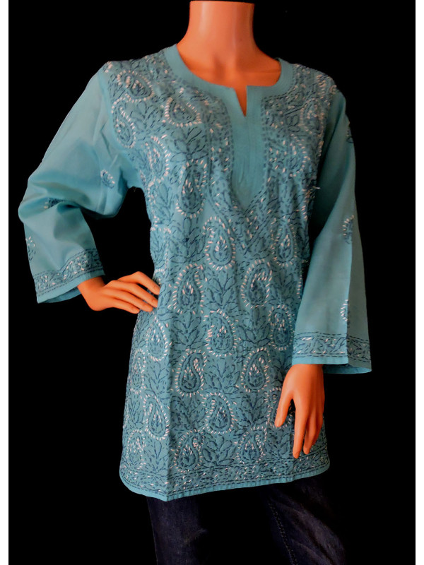 ISHIEQA's Blue Voil Cotton Chikankari Top - AN0102B