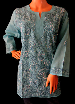ISHIEQA's Blue Voil Cotton Chikankari Top - AN0102B