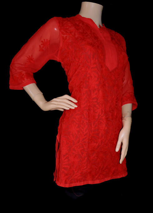 ISHIEQA's Aari Work Red Georgette Top - DC0701C