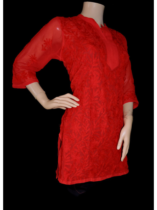 ISHIEQA's Aari Work Red Georgette Top - DC0701C