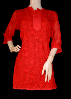ISHIEQA's Aari Work Red Georgette Top - DC0701C