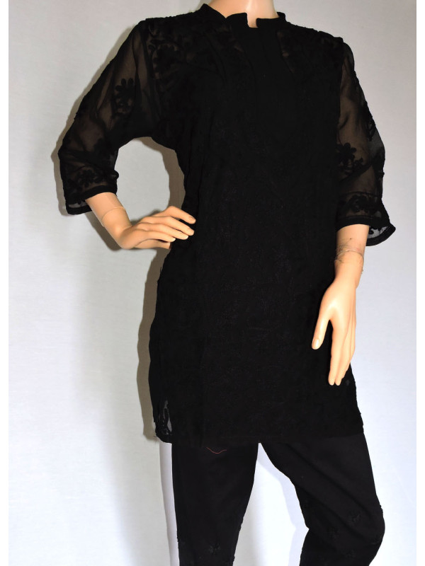ISHIEQA's Aari Work Black Georgette Top - DC0701C
