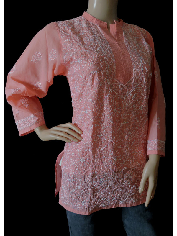 ISHIEQA's Peach Cotton Chikankari Top - DC0116B