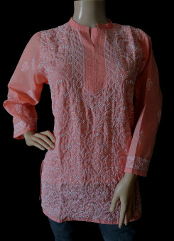 ISHIEQA's Peach Cotton Chikankari Top - DC0116B