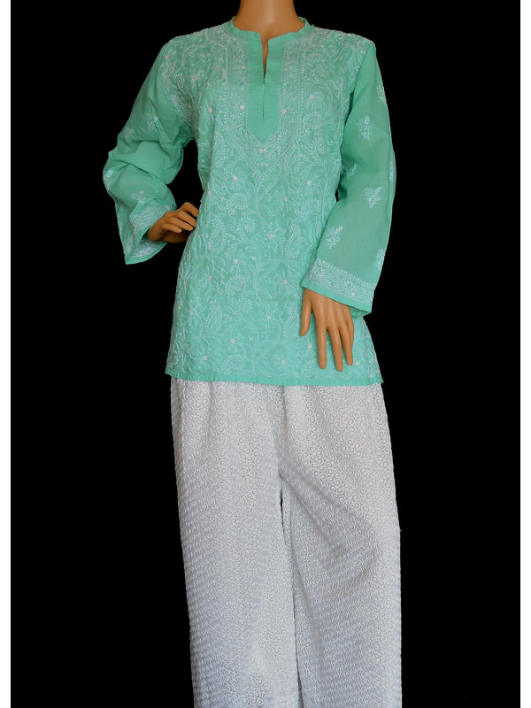 ISHIEQA's Sea Green Cotton Chikankari Top - DC0116B
