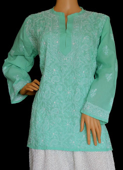 ISHIEQA's Sea Green Cotton Chikankari Top - DC0116B