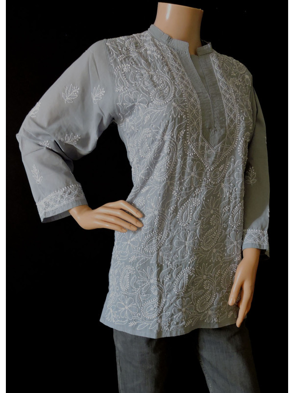 ISHIEQA's Grey Cotton Chikankari Top - DC0116B