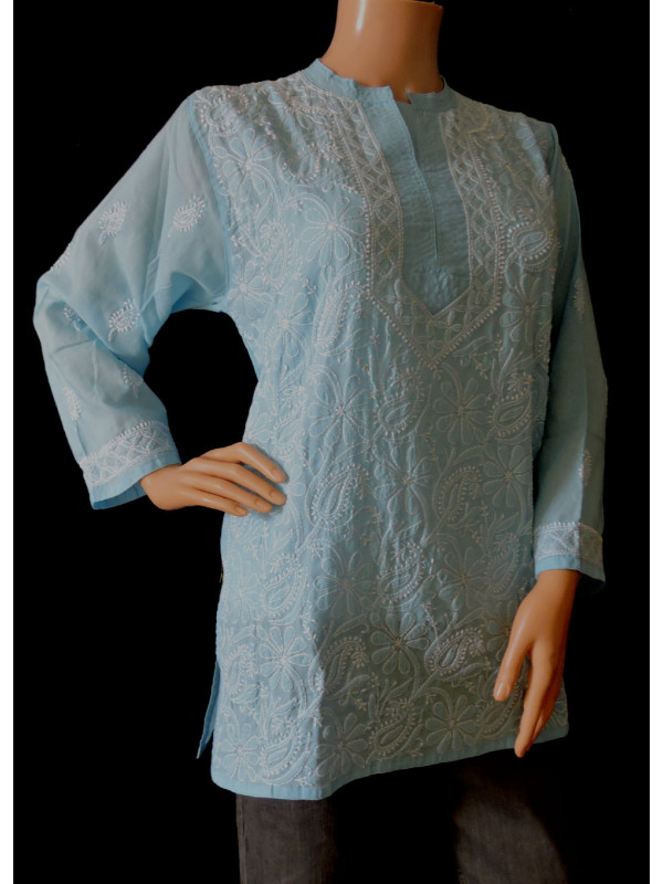 ISHIEQA's Blue Cotton Chikankari Top - DC0116B