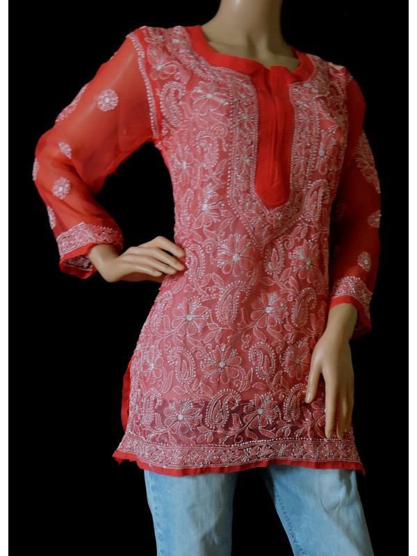 ISHIEQA's Coral Georgette Chikankari Short Top - LU0204B