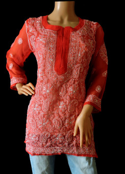 ISHIEQA's Coral Georgette Chikankari Short Top - LU0204B