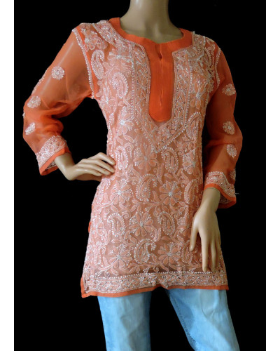 ISHIEQA's Orange Georgette Chikankari Short Top - LU0204B