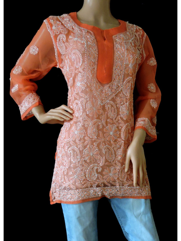 ISHIEQA's Orange Georgette Chikankari Short Top - LU0204B