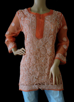 ISHIEQA's Orange Georgette Chikankari Short Top - LU0204B