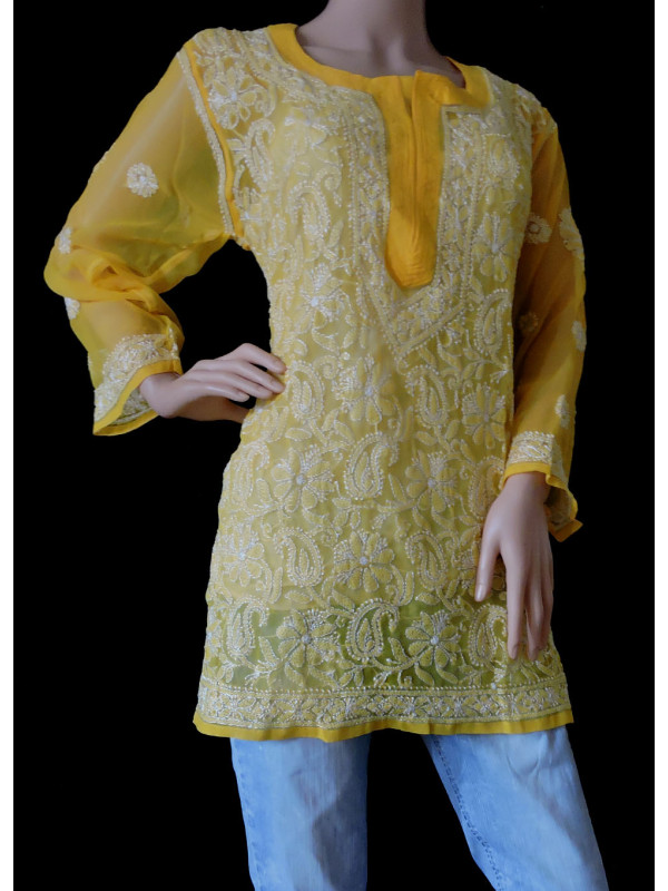 ISHIEQA's Yellow Georgette Chikankari Short Top - LU0204B