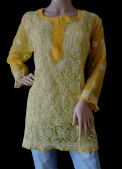 ISHIEQA's Yellow Georgette Chikankari Short Top - LU0204B