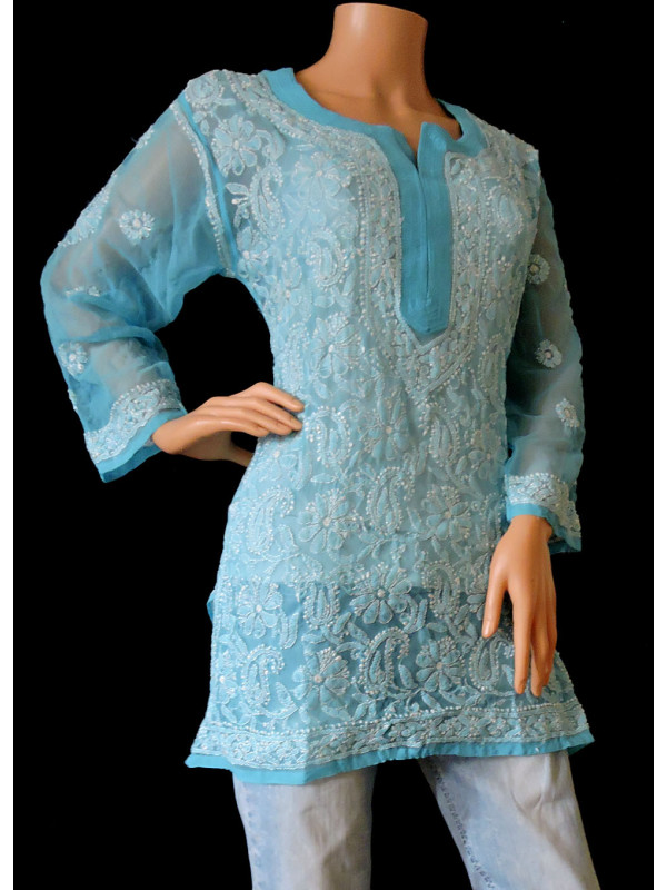 ISHIEQA's Blue Georgette Chikankari Short Top - LU0204B