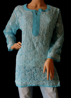 ISHIEQA's Blue Georgette Chikankari Short Top - LU0204B