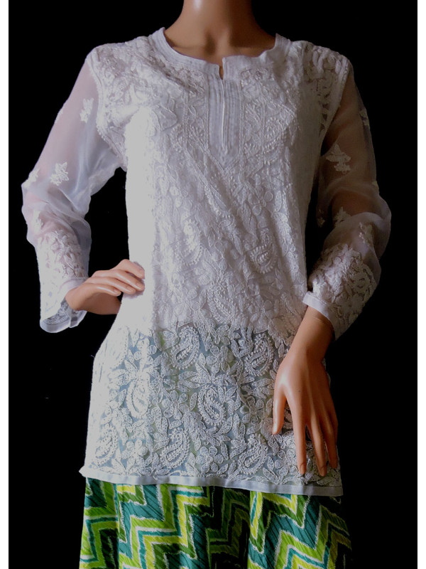 ISHIEQA's White Georgette Chikankari Top - LU0103B