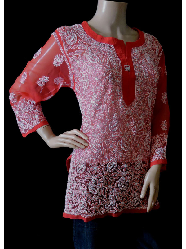 ISHIEQA's Coral Georgette Chikankari Top - LU0103B