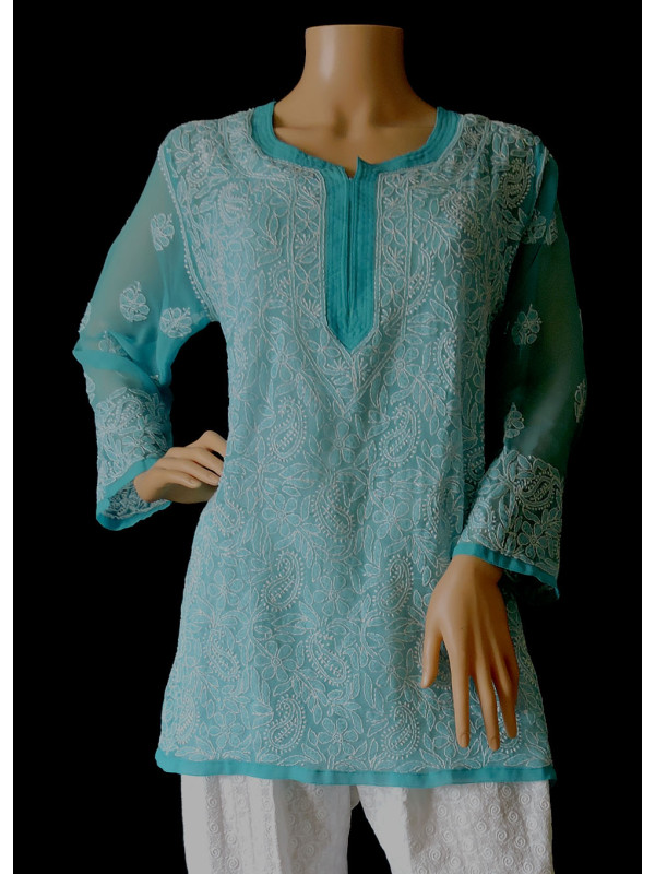 ISHIEQA's Blue Georgette Chikankari Top - LU0103B