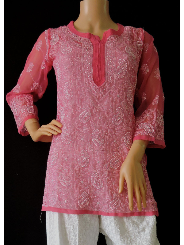 ISHIEQA's Pink Georgette Chikankari Top - LU0103B