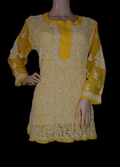 ISHIEQA's Yellow Georgette Chikankari Top - LU0103C