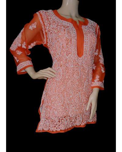 ISHIEQA's Orange Georgette Chikankari Top - LU0103C
