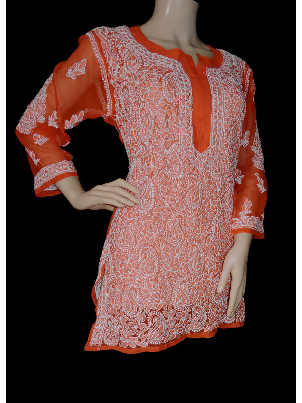 ISHIEQA's Orange Georgette Chikankari Top - LU0103C