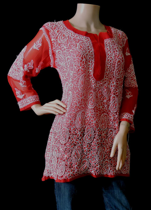 ISHIEQA's Red Georgette Chikankari Top - LU0103C