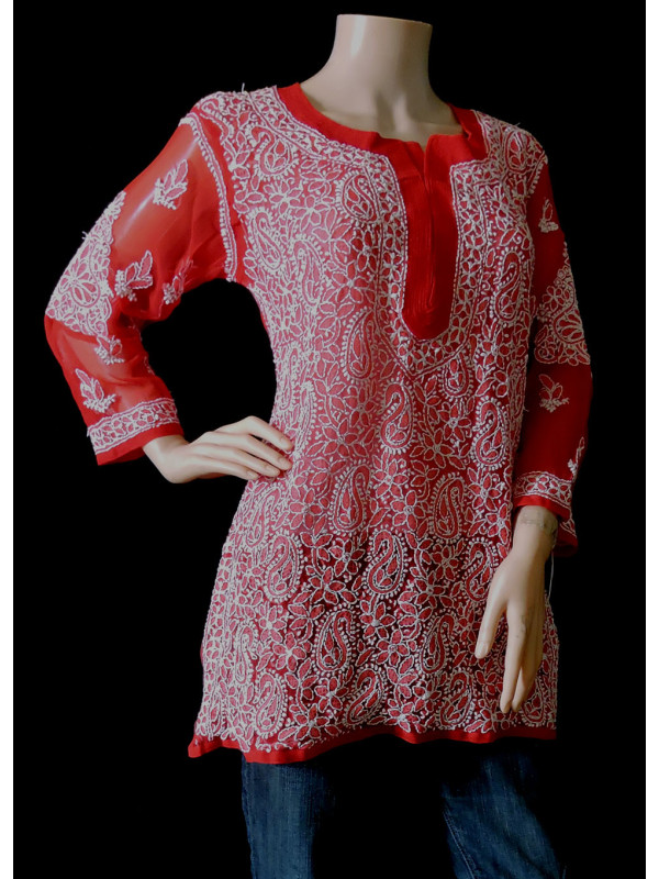 ISHIEQA's Red Georgette Chikankari Top - LU0103C