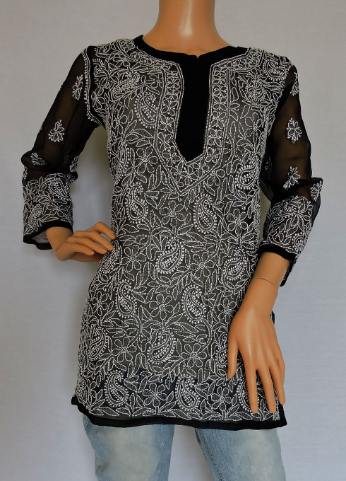 ISHIEQA's Black Georgette Chikankari Top - LU0103C