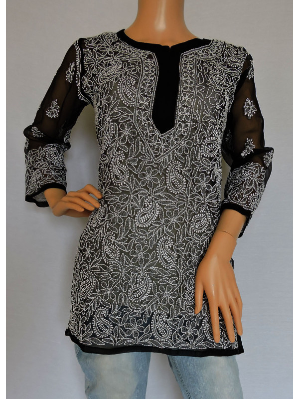 ISHIEQA's Black Georgette Chikankari Top - LU0103C