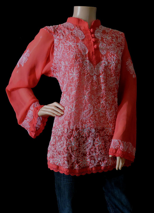 ISHIEQA's Coral Georgette Chikankari Top -  DC0114B