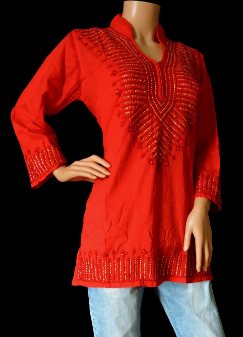 ISHIEQA's Red Embellished Cotton Short Top - SF0301B