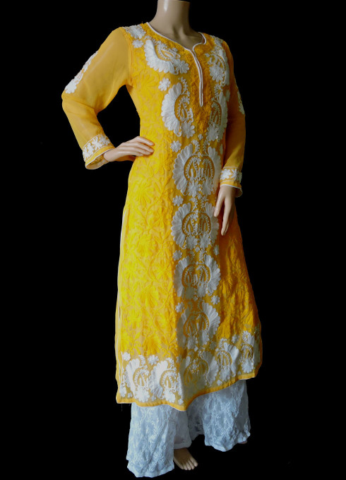 ISHIEQA's Aari work Yellow Georgette Kurti  - DC0601C